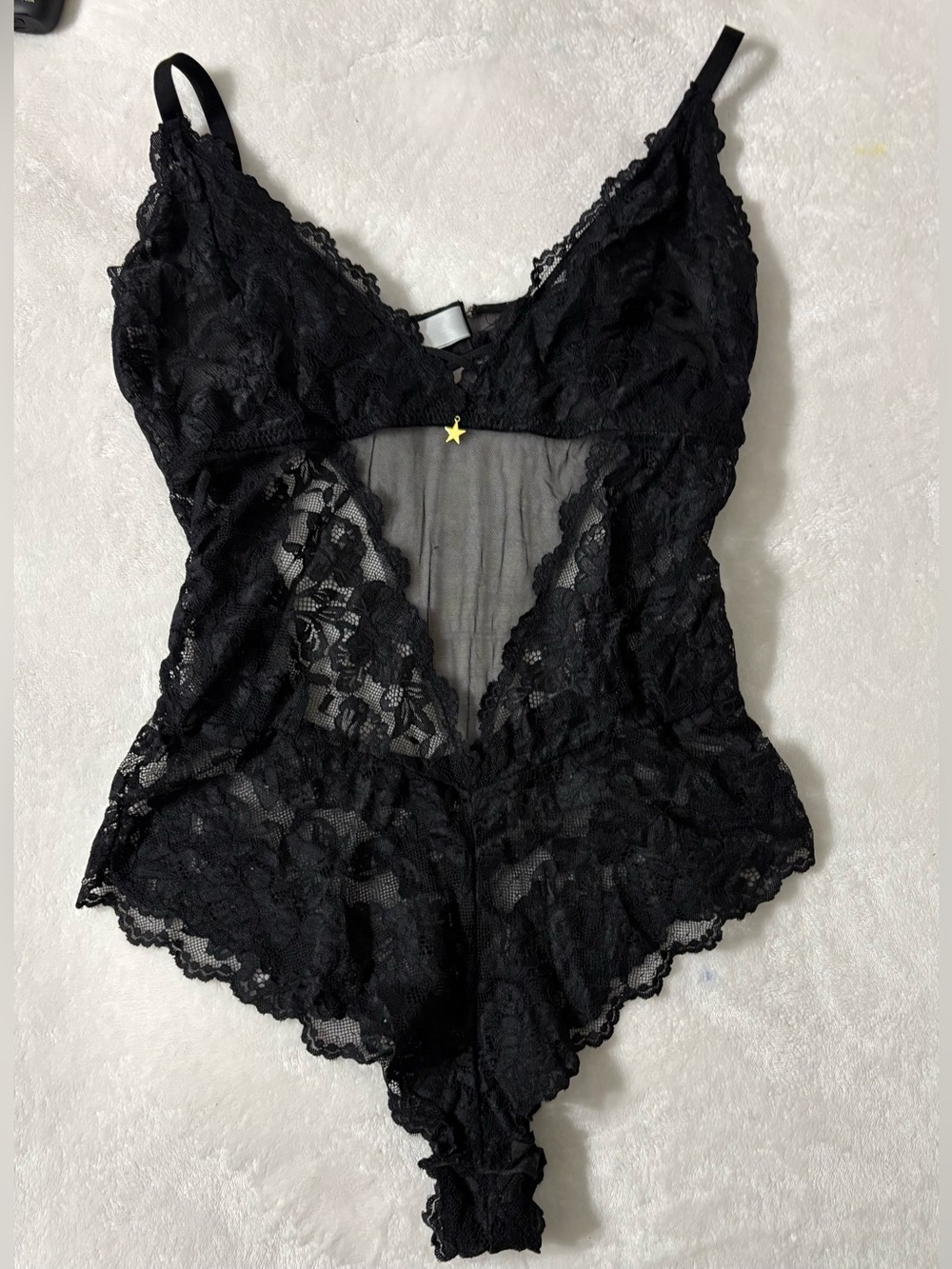 Fredericks Of Hollywood Fame Black Lace Sheer Bodysuit Large.